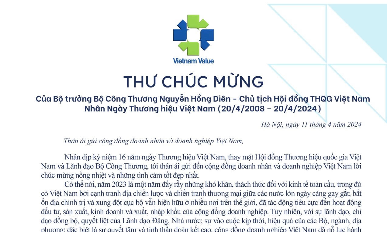 Thư chúc mừng của Bộ trưởng Bộ Công Thương - Chủ tịch Hội đồng THQG Việt Nam nhân Ngày Thương hiệu Việt Nam